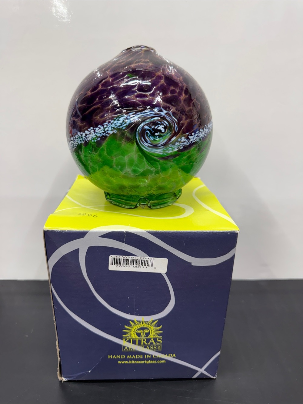 Kitras Art Glass Hand-Blown Swirl Sphere - Green & Purple